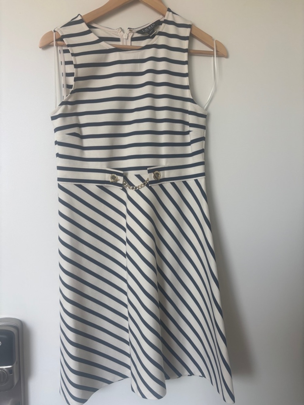 Ralph Lauren Navy and White Striped Sleeveless Midi Dress with Chain Accent